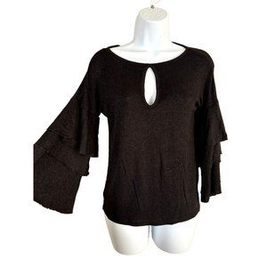William Rast XS Womens Blouse Black Flared Sleeves Keyhole Stretch Lightweight